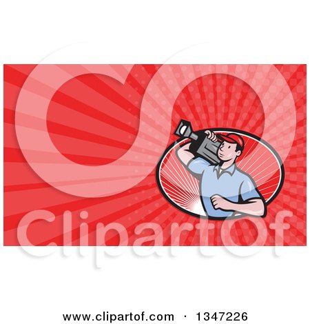 Clipart of a Cartoon White Male Cameraman Filming in an Oval and Red Rays Background or Business Card Design - Royalty Free Illustration by patrimonio