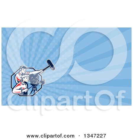 Clipart of a Retro Camera and Sound Man Team and Blue Rays Background or Business Card Design - Royalty Free Illustration by patrimonio