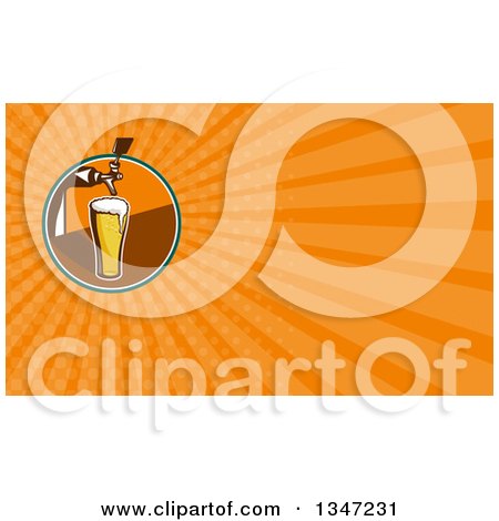 Clipart of a Retro Glass of Beer Under a Keg Nozzle in a Circle and Orange Rays Background or Business Card Design - Royalty Free Illustration by patrimonio