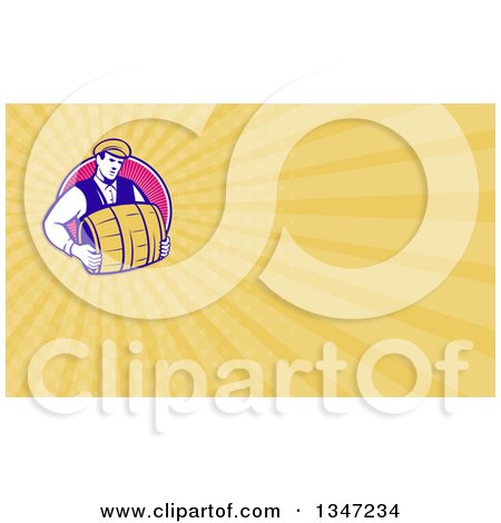 Clipart of a Retro Male Bartender Carrying a Keg in a Circle and Yellow Rays Background or Business Card Design - Royalty Free Illustration by patrimonio