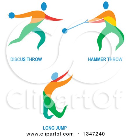 Clipart of Colorful Track and Field Discus Throw, Hammer Throw and Long Jump Athletes with Text - Royalty Free Vector Illustration by patrimonio