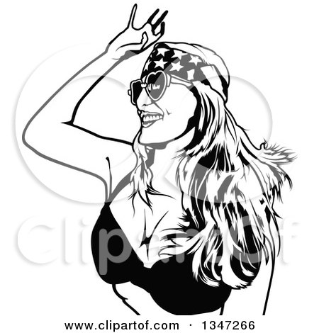 Clipart of a Black and White Party Woman Dancing in a Bikini Top, Headband and Sunglasses - Royalty Free Vector Illustration by dero