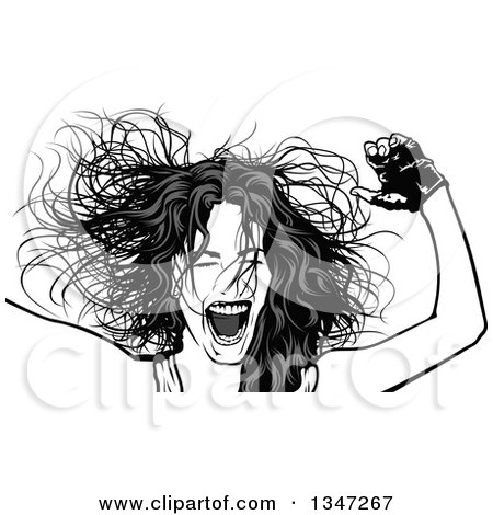 Clipart of a Grayscale Party Woman, Her Hair Flying - Royalty Free Vector Illustration by dero