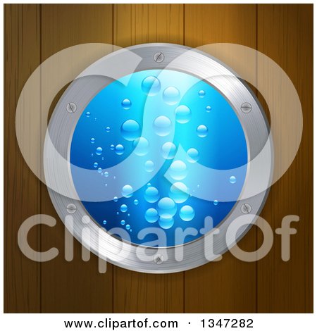 Clipart of a Round 3d Porthole Window with Blue Water and Bubles on Wood Paneling - Royalty Free Vector Illustration by elaineitalia