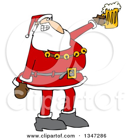 Clipart of a Cartoon Christmas Santa Claus Cheering and Holding up a Beer Mug - Royalty Free Vector Illustration by djart