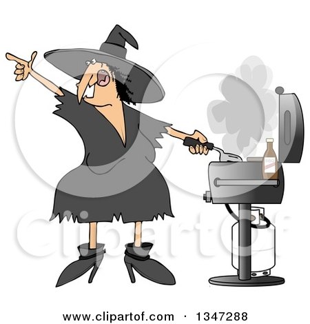 Clipart of a Cartoon Chubby Halloween Witch Grilling on a Bbq - Royalty Free Illustration by djart