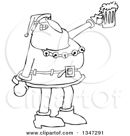 Outline Clipart of a Cartoon Black and White Christmas Santa Claus Cheering and Holding up a Beer Mug - Royalty Free Lineart Vector Illustration by djart