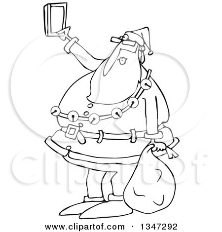 Outline Clipart of a Cartoon Black and White Christmas Santa Claus Taking a Selfie with a Cell Phone - Royalty Free Lineart Vector Illustration by djart