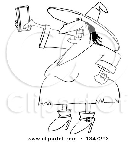 Outline Clipart of a Cartoon Black and White Chubby Halloween Witch Taking a Selfie with a Cell Phone - Royalty Free Lineart Vector Illustration by djart