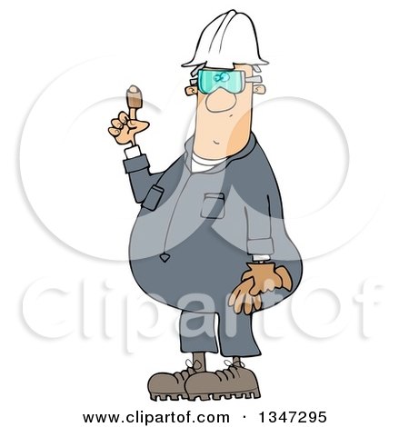 Clipart of a Cartoon Chubby White Male Worker Holding up a Bandaged Finger - Royalty Free Illustration by djart