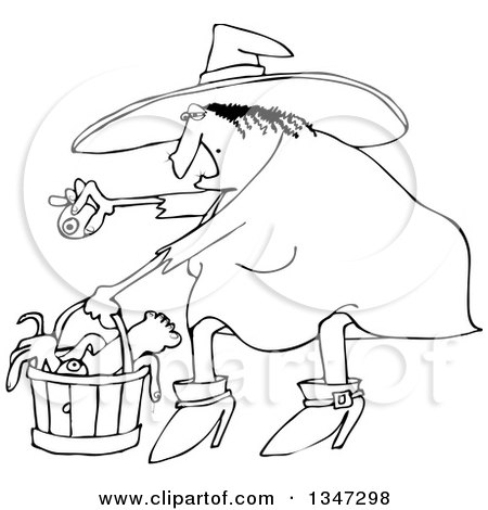 Outline Clipart of a Cartoon Black and White Chubby Warty Halloween Witch Puting an Eyeball in a Basket of Body Parts and Snakes - Royalty Free Lineart Vector Illustration by djart