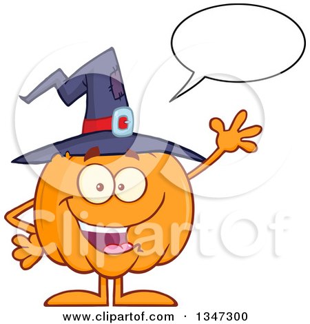 Clipart of a Cartoon Halloween Pumpkin Character Wearing a Witch Hat, Talking and Waving - Royalty Free Vector Illustration by Hit Toon