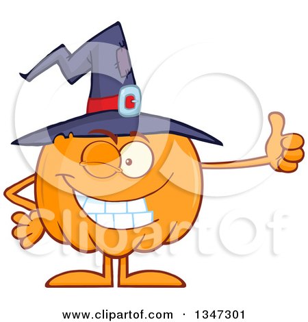 Clipart of a Cartoon Halloween Pumpkin Character Wearing a Witch Hat, Winking and Giving a Thumb up - Royalty Free Vector Illustration by Hit Toon