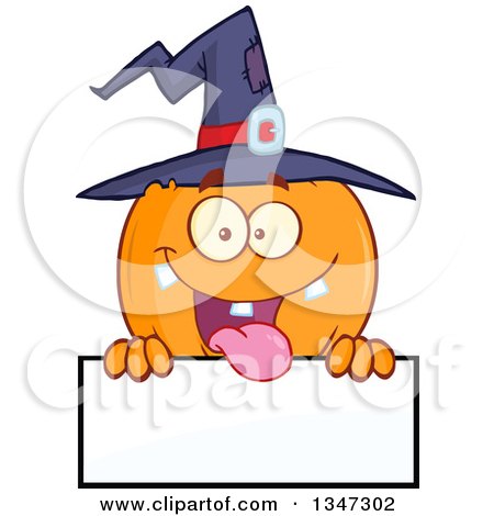Clipart of a Cartoon Halloween Pumpkin Character Wearing a Witch Hat and Being Goofy over a Blank Sign - Royalty Free Vector Illustration by Hit Toon