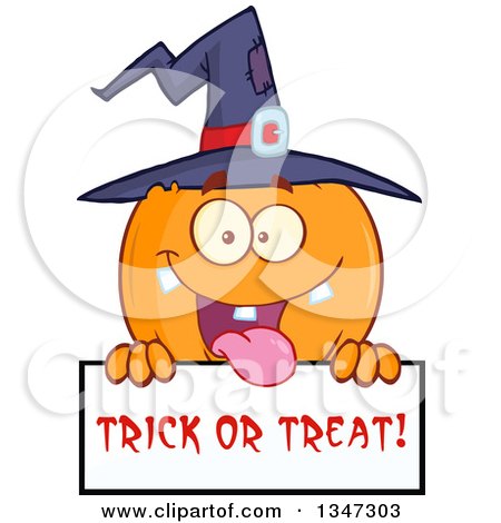 Clipart of a Cartoon Halloween Pumpkin Character Wearing a Witch Hat and Being Goofy over a Trick or Treat Sign - Royalty Free Vector Illustration by Hit Toon