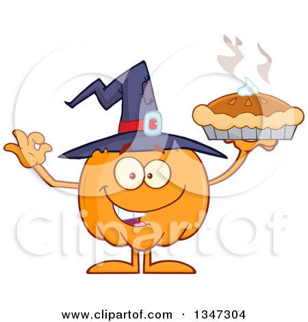 Clipart of a Cartoon Halloween Pumpkin Character Wearing a Witch Hat, Holding a Pie and Gesturing Ok - Royalty Free Vector Illustration by Hit Toon