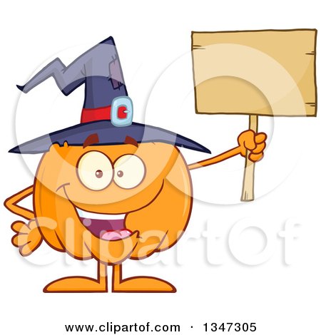 Clipart of a Cartoon Halloween Pumpkin Character Wearing a Witch Hat and Holding a Blank Wood Sign - Royalty Free Vector Illustration by Hit Toon