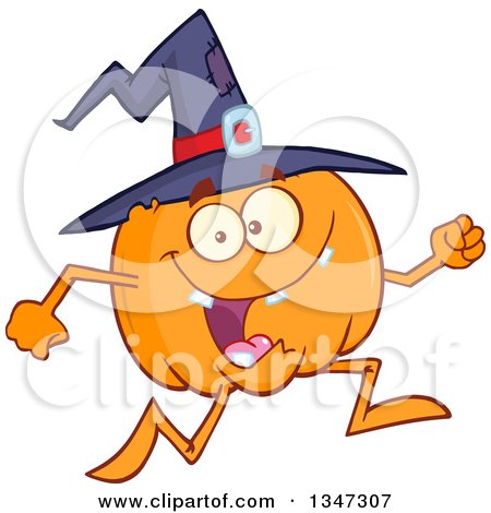 Clipart of a Cartoon Halloween Pumpkin Character Wearing a Witch Hat and Running - Royalty Free Vector Illustration by Hit Toon