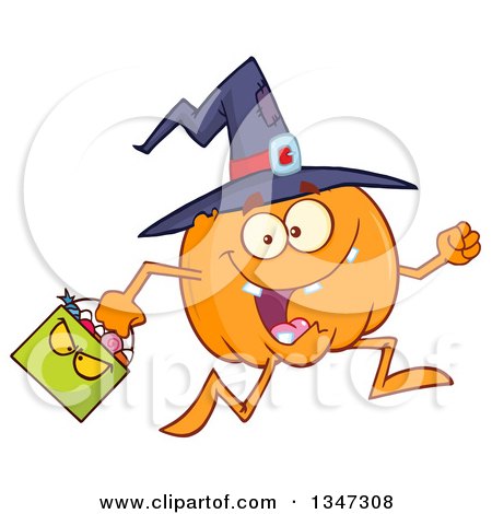 Clipart of a Cartoon Halloween Pumpkin Character Wearing a Witch Hat and Running with a Bag - Royalty Free Vector Illustration by Hit Toon