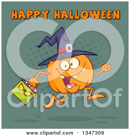 Clipart of a Cartoon Pumpkin Character Wearing a Witch Hat and Running with a Bag Under Happy Halloween Text over Teal and Dots - Royalty Free Vector Illustration by Hit Toon