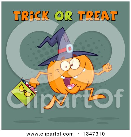 Clipart of a Cartoon Halloween Pumpkin Character Wearing a Witch Hat and Running with a Bag Under Trick or Treat Text over Teal and Dots - Royalty Free Vector Illustration by Hit Toon