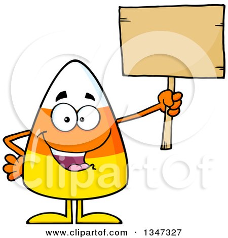 Clipart of a Cartoon Halloween Candy Corn Character Holding up a Blank Wood Sign - Royalty Free Vector Illustration by Hit Toon