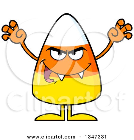 Clipart of a Cartoon Halloween Candy Corn Character with Vampire Fangs, Being Scary - Royalty Free Vector Illustration by Hit Toon