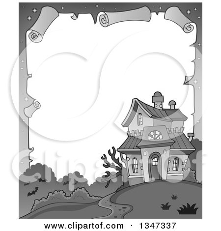 Clipart of a Grayscale Halloween Parchment Border of a Haunted House - Royalty Free Vector Illustration by visekart