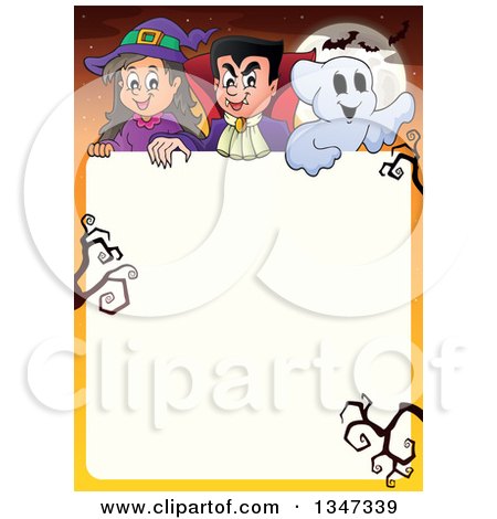 Clipart of a Cartoon Halloween Witch Girl, Vampire Dracula and Ghost over Text Space with Bare Branches, a Full Moon and Bats on Orange - Royalty Free Vector Illustration by visekart