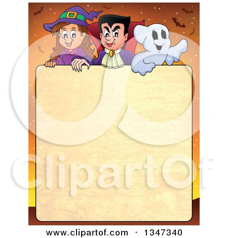Clipart of a Cartoon Halloween Witch Girl, Vampire Dracula and Ghost over Textured Text Space with Bare Branches and Bats on Orange - Royalty Free Vector Illustration by visekart