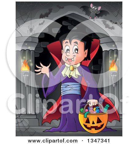 Clipart of a Cartoon Dracula Vampire Waving and Holding a Jackolantern Basket with Halloween Candy in a Haunted Hallway with Bats - Royalty Free Vector Illustration by visekart