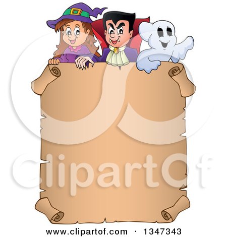 Cartoon Halloween Witch Girl, Vampire Dracula and Ghost over a Blank Parchment Scroll Sign Posters, Art Prints