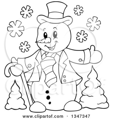 Outline Clipart of a Cartoon Black and White Christmas Snowman Welcoming over Trees - Royalty Free Lineart Vector Illustration by visekart