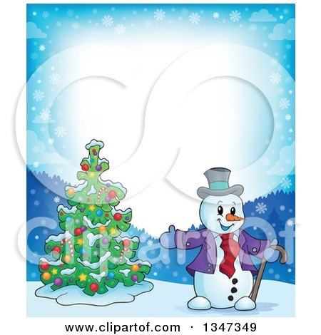 Clipart of a Border of a Cartoon Christmas Snowman Presenting a Tree - Royalty Free Vector Illustration by visekart