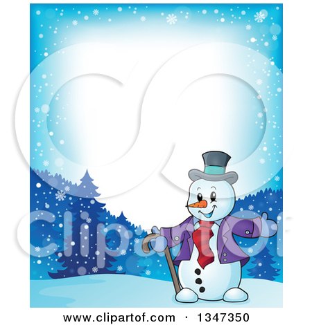 Clipart of a Border of a Cartoon Christmas Snowman Presenting in the Snow - Royalty Free Vector Illustration by visekart