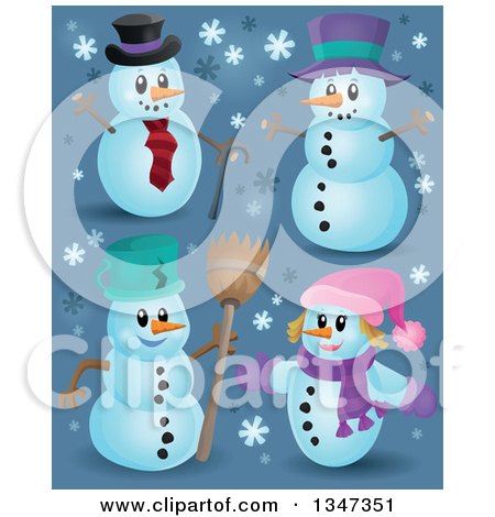 Clipart of Cartoon Christmas Snowmen with Snowflakes on Blue - Royalty Free Vector Illustration by visekart
