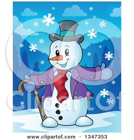 Clipart of a Cartoon Christmas Snowman Welcoming in the Snow - Royalty Free Vector Illustration by visekart