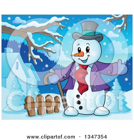 Clipart of a Cartoon Christmas Snowman Welcoming in a Yard - Royalty Free Vector Illustration by visekart