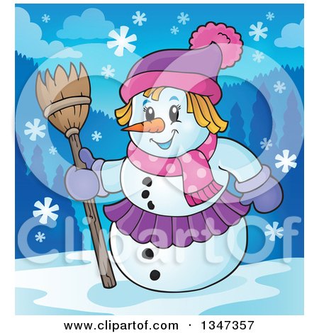 Clipart of a Cartoon Christmas Snow Woman Holding a Broom in the Snow - Royalty Free Vector Illustration by visekart