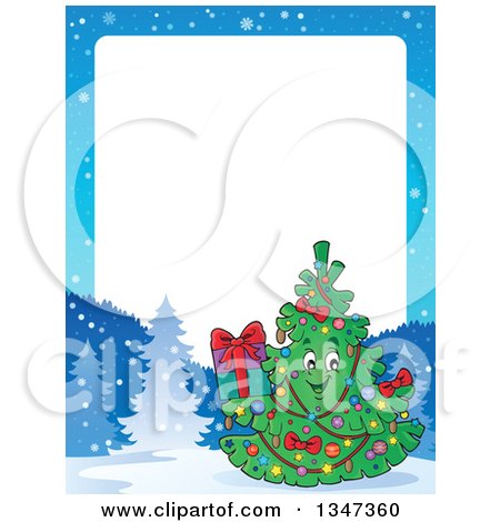 Clipart of a Cartoon Christmas Tree Character Holding a Present in a Winter Landscape Border with White Text Space - Royalty Free Vector Illustration by visekart