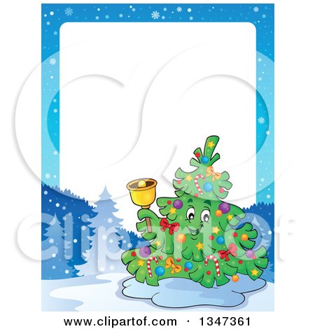 Clipart of a Cartoon Christmas Tree Character Ringing a Bell in a Winter Landscape Border with White Text Space - Royalty Free Vector Illustration by visekart
