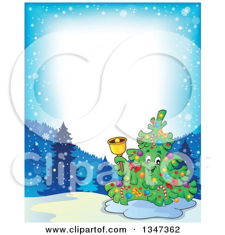 Clipart of a Cartoon Christmas Tree Character Ringing a Bell in a Winter Landscape Border - Royalty Free Vector Illustration by visekart