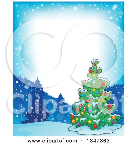 Clipart of a Cartoon Decorated Christmas Tree in a Winter Landscape Border - Royalty Free Vector Illustration by visekart