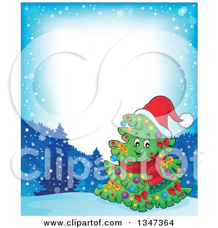 Clipart of a Cartoon Decorated Christmas Tree Character Wearing a Scarf and Santa Hat in a Winter Landscape Border - Royalty Free Vector Illustration by visekart