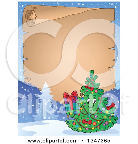 Clipart of a Cartoon Christmas Tree Character Holding a Present over a Blank Parchment Scroll - Royalty Free Vector Illustration by visekart