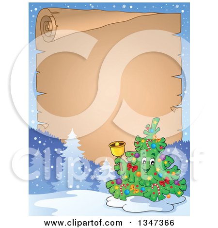 Clipart of a Cartoon Christmas Tree Character Ringing a Bell over a Blank Parchment Scroll - Royalty Free Vector Illustration by visekart