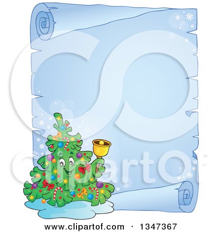 Clipart of a Cartoon Christmas Tree Character Ringing a Bell over a Frozen Blank Parchment Scroll - Royalty Free Vector Illustration by visekart