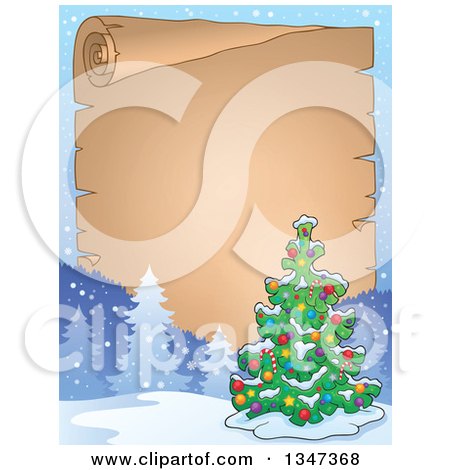 Clipart of a Cartoon Decorated Christmas Tree over a Blank Parchment Scroll - Royalty Free Vector Illustration by visekart