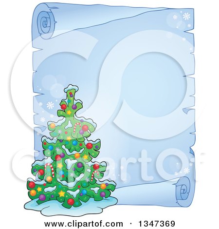 Clipart of a Cartoon Decorated Christmas Tree over a Frozen Blank Parchment Scroll - Royalty Free Vector Illustration by visekart