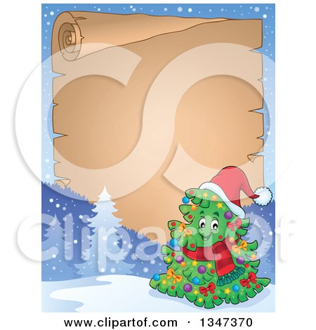 Clipart of a Cartoon Decorated Christmas Tree Character Wearing a Scarf and Santa Hat over a Blank Parchment Scroll - Royalty Free Vector Illustration by visekart